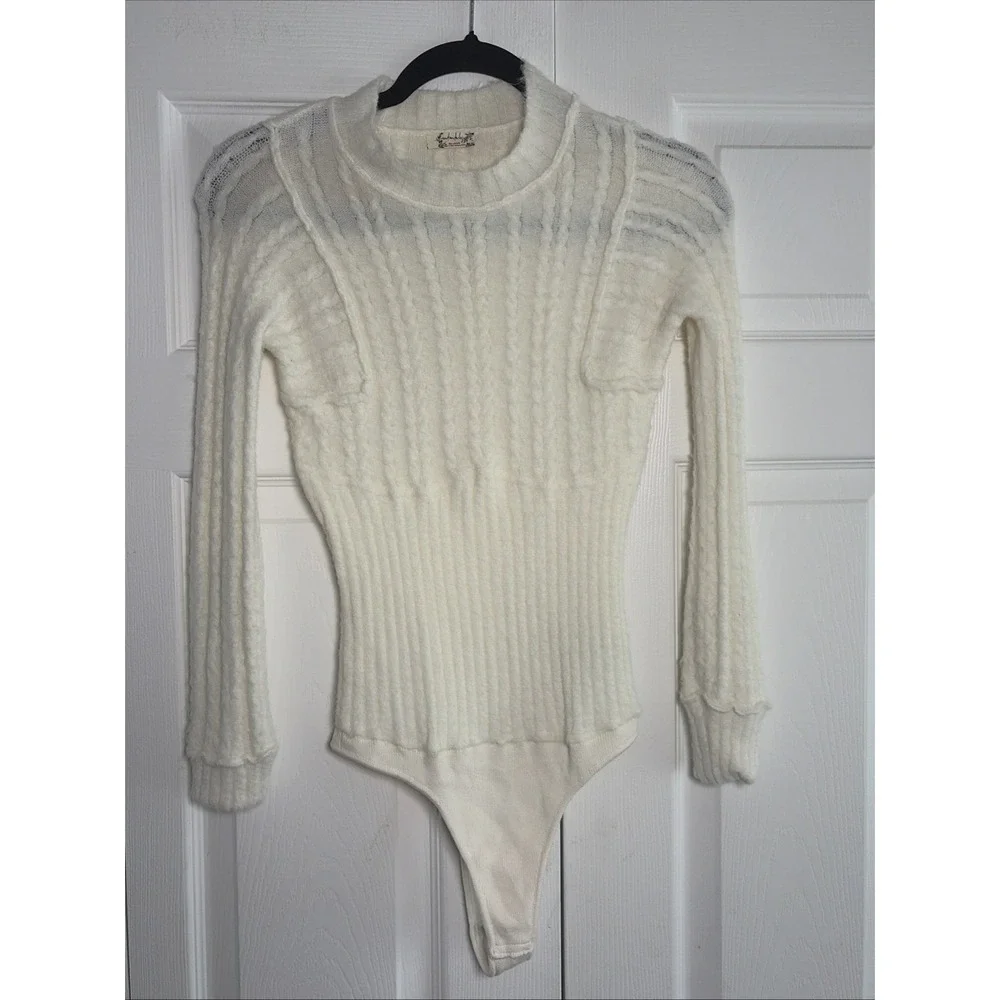 Free People Intimately Cozy Up Cable Bodysuit Womens Small Ivory White Knit Boho